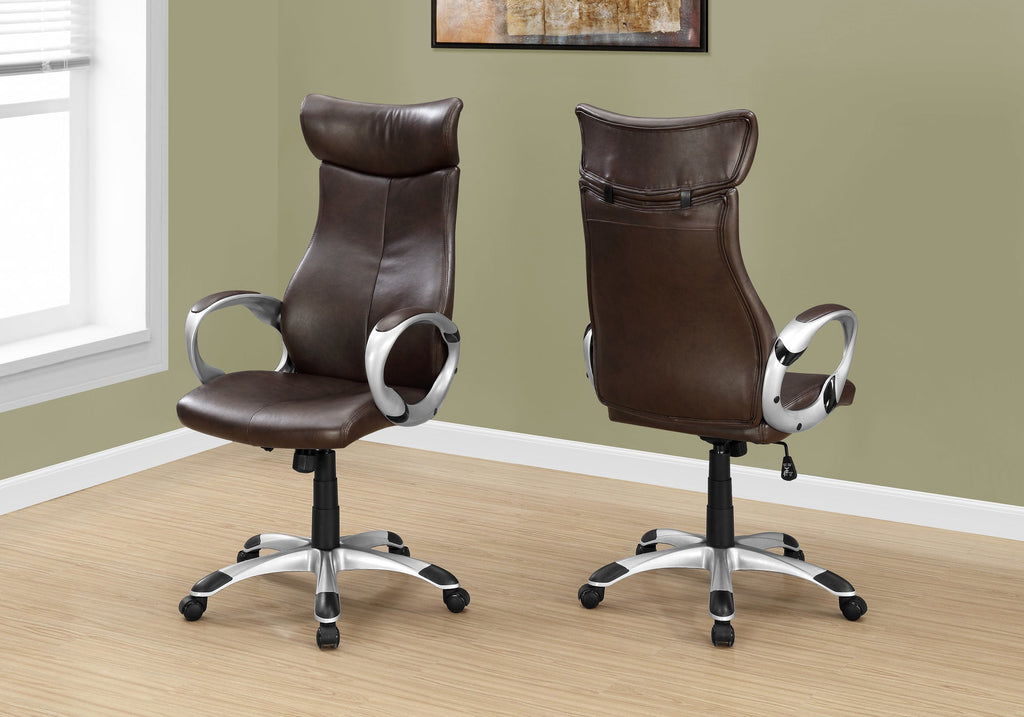 Monarch Specialties I 7289 Chaise De Bureau, Hauteur Ajustable, Pivotant, Ergonomique, Appuis-bras, Bureau, Travail, Métal, Pu D'aspect Cuir, Brun, Gris, Contemporain, Moderne