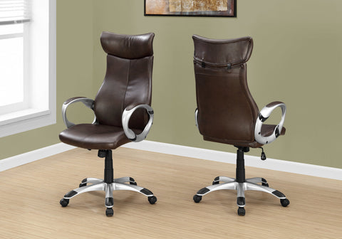 Monarch Specialties I 7289 Chaise De Bureau, Hauteur Ajustable, Pivotant, Ergonomique, Appuis-bras, Bureau, Travail, Métal, Pu D'aspect Cuir, Brun, Gris, Contemporain, Moderne