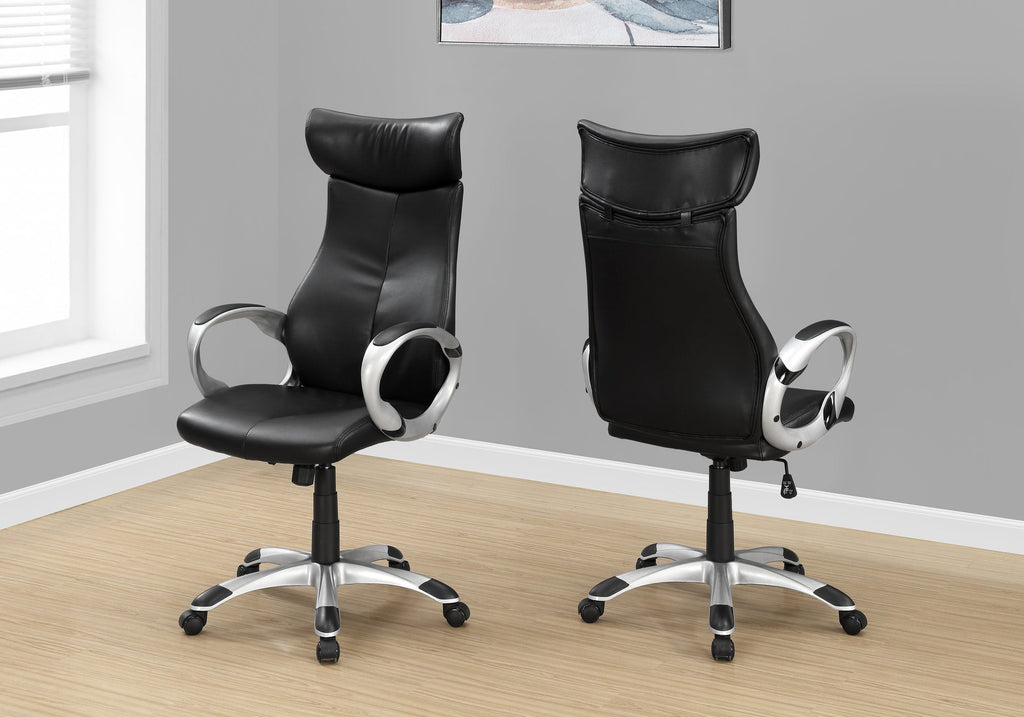 Monarch Specialties I 7290 Chaise De Bureau, Hauteur Ajustable, Pivotant, Ergonomique, Appuis-bras, Bureau, Travail, Métal, Pu D'aspect Cuir, Noir, Chrome, Contemporain, Moderne