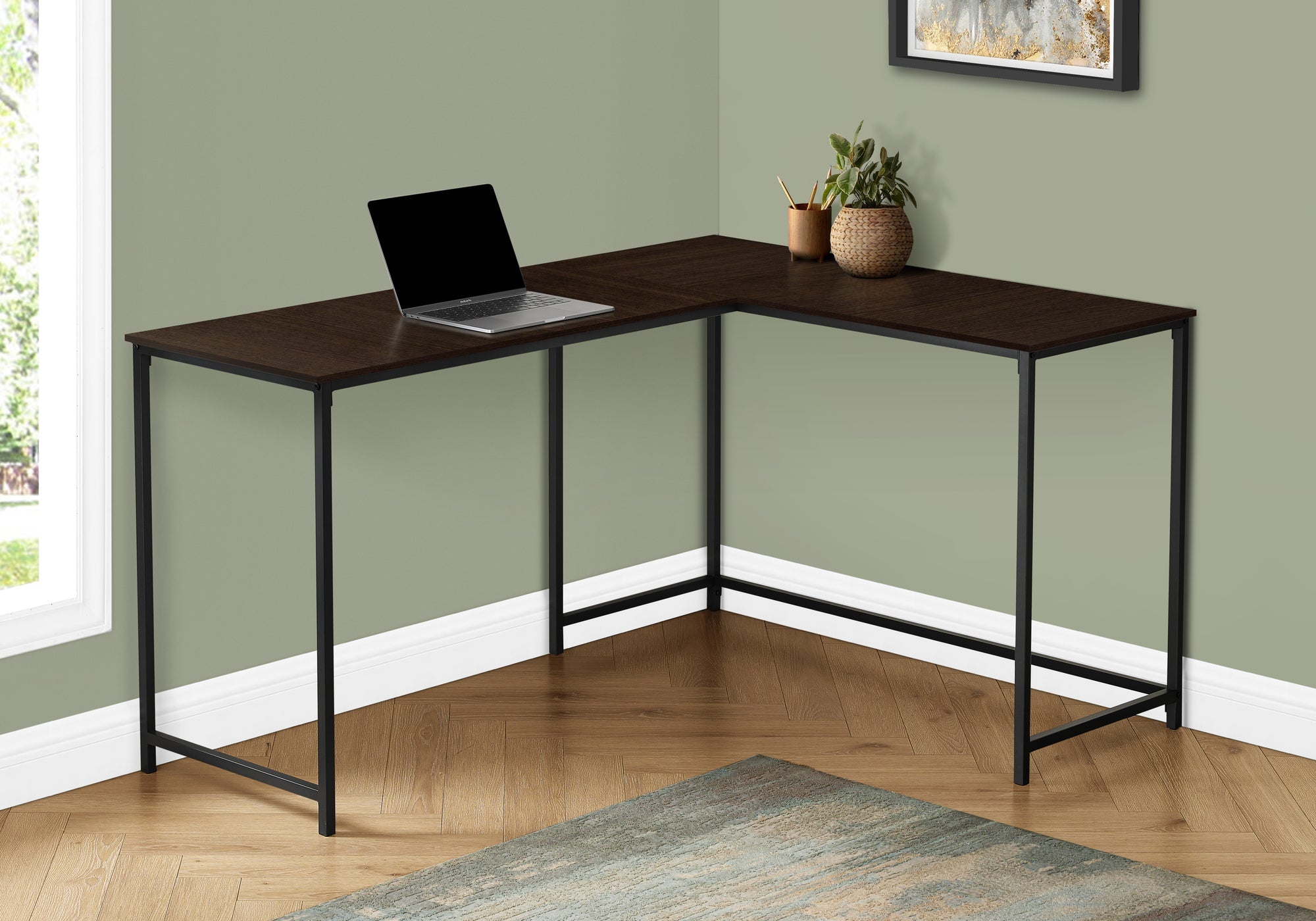 Monarch Specialties I 7390 Bureau, Bureau À Domicile, Coin, 58"l, Forme De L, Travail, Ordinateur Portable, Métal, Stratifié, Brun, Noir, Contemporain, Moderne - Simple Boutique