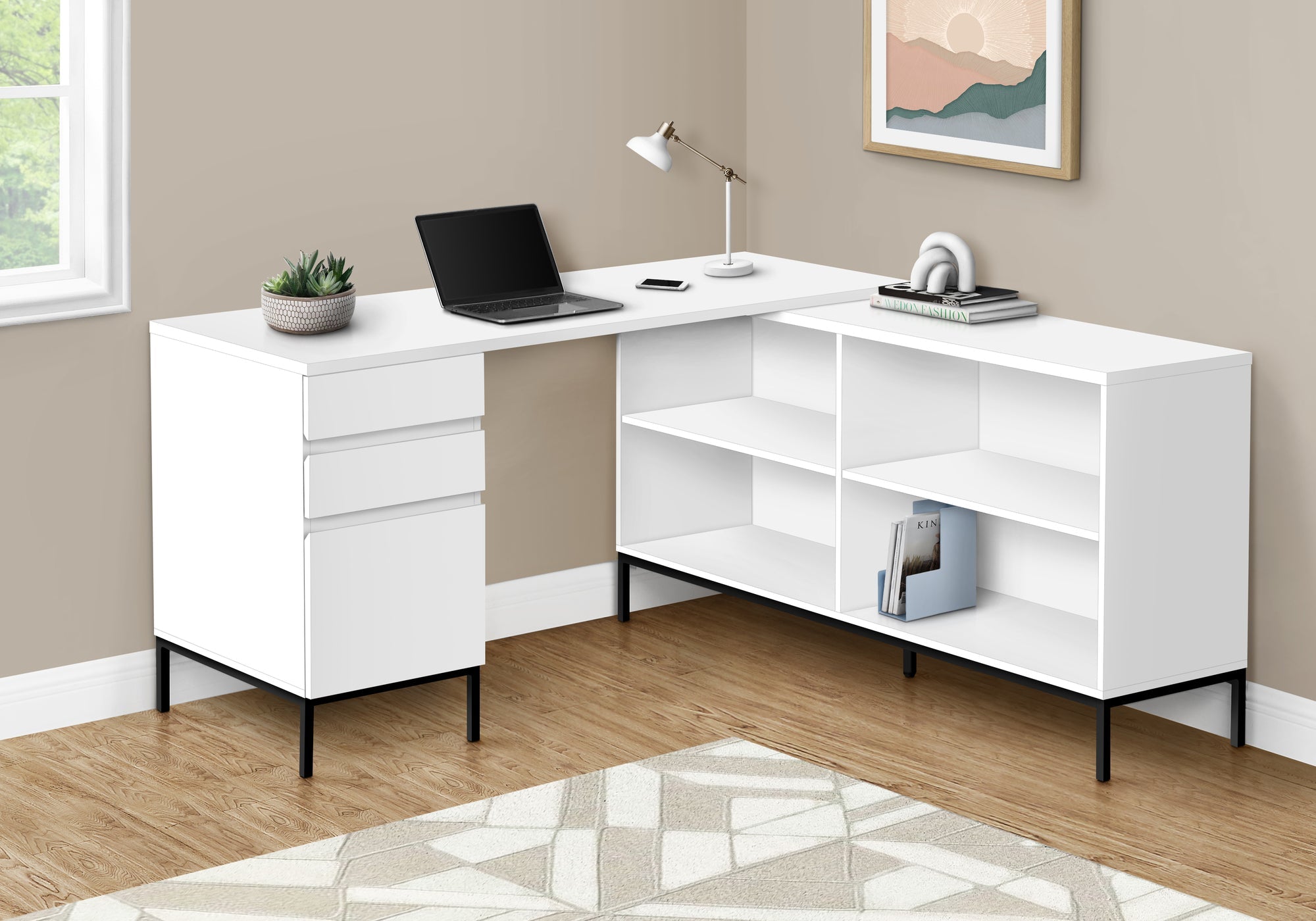 Monarch Specialties I 7494 Bureau, Bureau À Domicile, Coin, Tiroirs De Rangement, 60"l, Forme De L, Travail, Ordinateur Portable, Métal, Stratifié, Blanc, Noir, Contemporain, Moderne - Simple Boutique