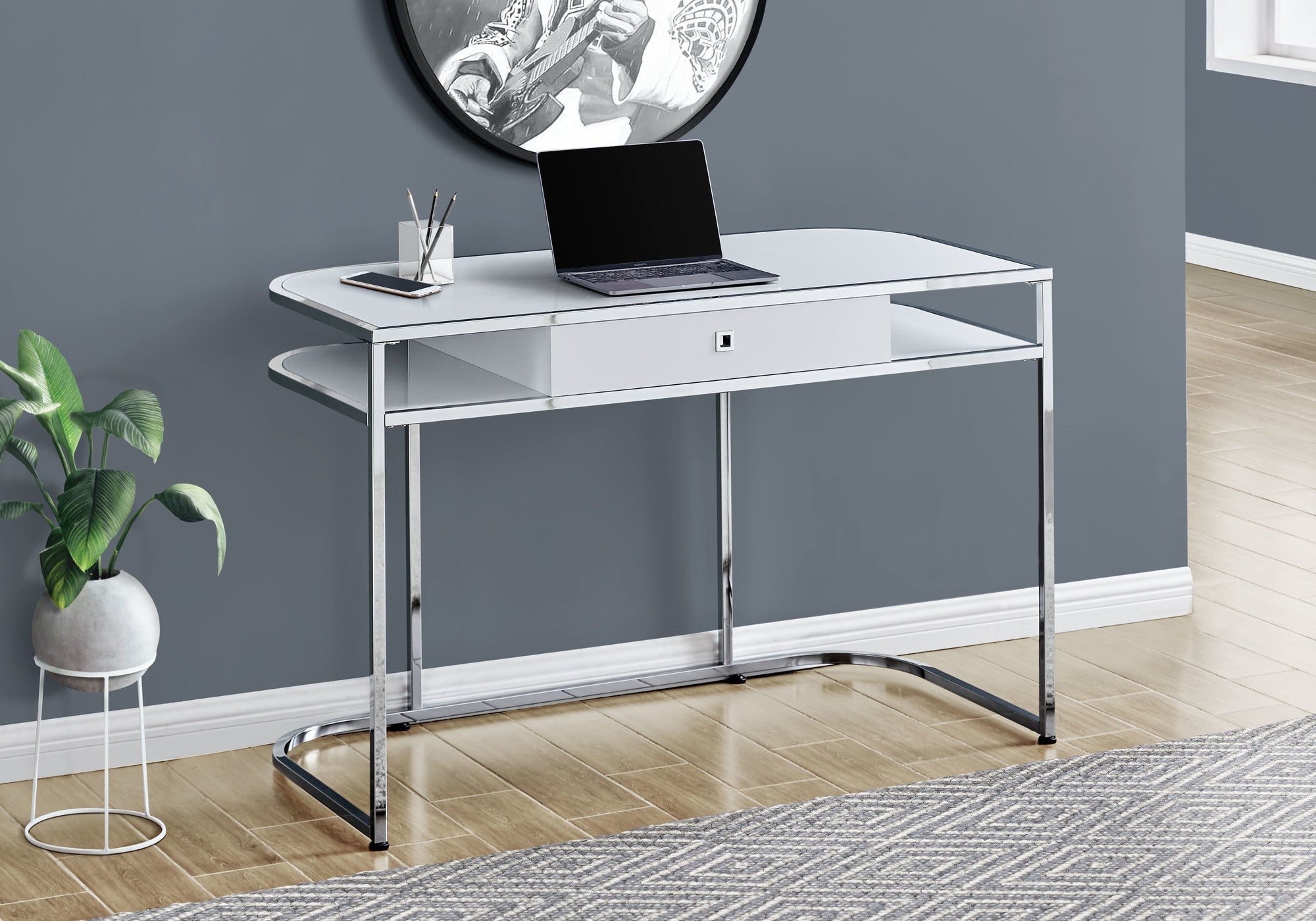 Monarch Specialties I 7520 Bureau, Bureau À Domicile, Ordinateur Portable, Tiroirs De Rangement, 48"l, Travail, Métal, Stratifié, Blanc, Chrome, Contemporain, Moderne - Simple Boutique