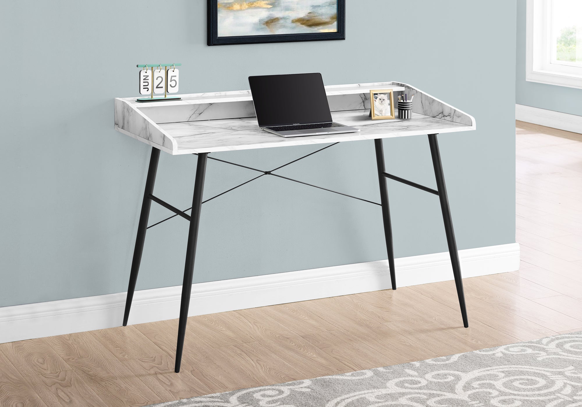Monarch Specialties I 7539 Bureau, Bureau À Domicile, Ordinateur Portable, Étagères De Rangement, 48"l, Travail, Métal, Stratifié, Aspect Marbre Blanc, Noir, Contemporain, Moderne - Simple Boutique