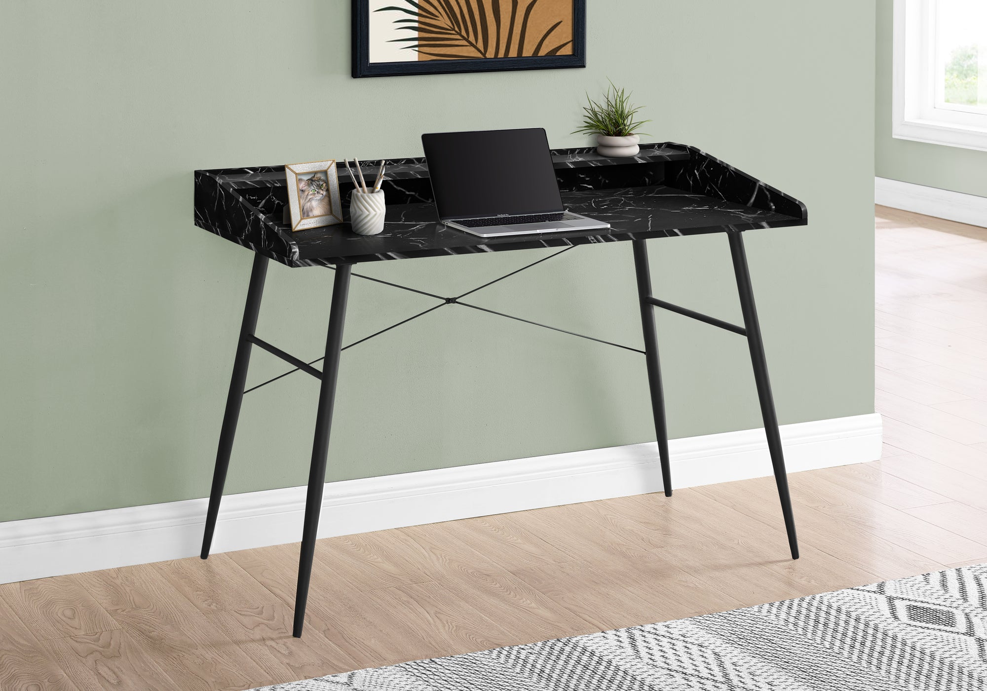 Monarch Specialties I 7542 Bureau, Bureau À Domicile, Ordinateur Portable, Étagères De Rangement, 48"l, Travail, Métal, Stratifié, D'aspect Marbre Noir, Contemporain, Moderne - Simple Boutique