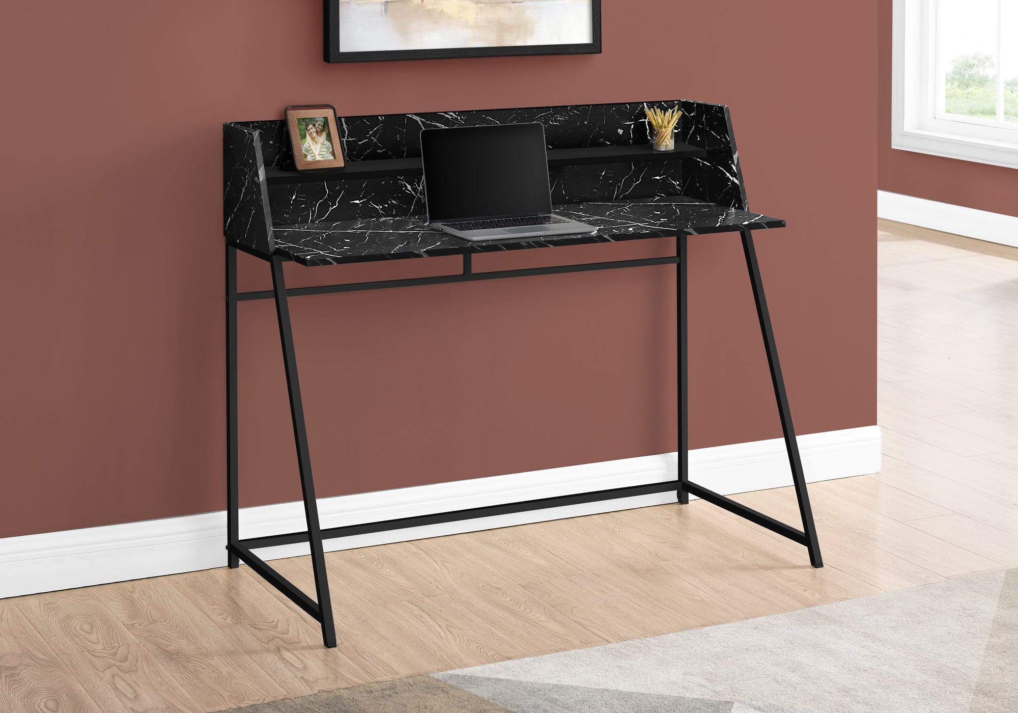 Monarch Specialties I 7544 Bureau, Bureau À Domicile, Ordinateur Portable, Étagères De Rangement, 48"l, Travail, Métal, Stratifié, D'aspect Marbre Noir, Contemporain, Moderne - Simple Boutique