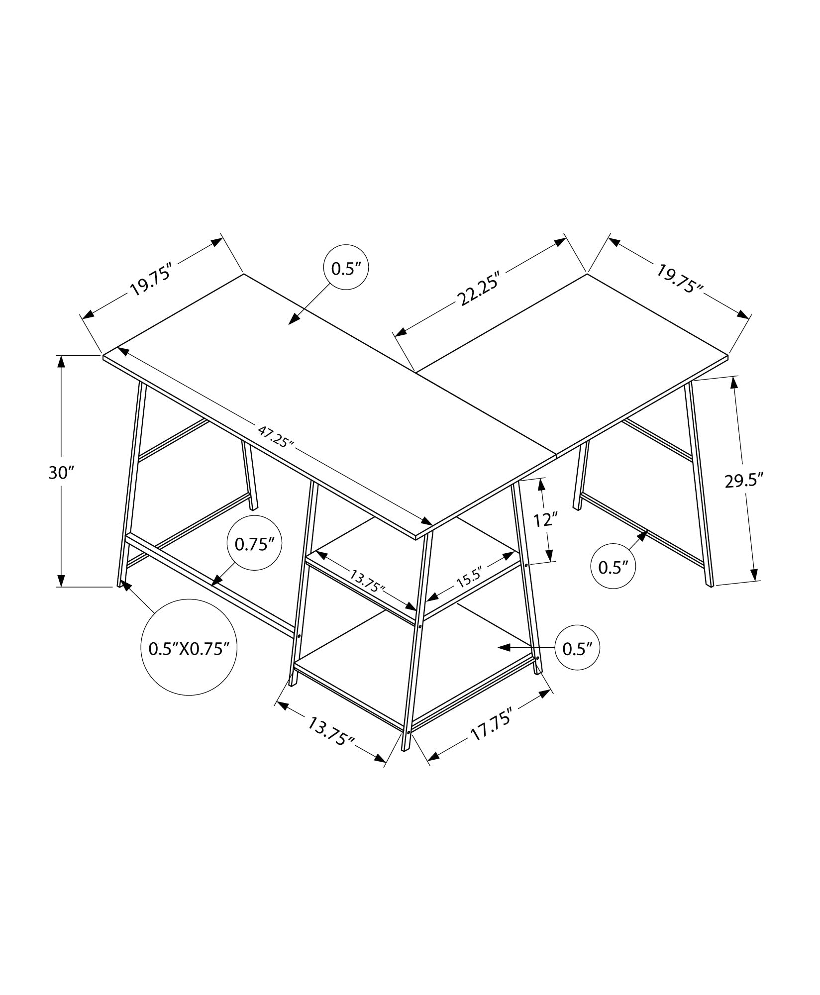 Monarch Specialties I 7591 Bureau, Bureau À Domicile, Coin, Étagères De Rangement, 48"l, Forme De L, Travail, Ordinateur Portable, Métal, Stratifié, Gris, Noir, Contemporain, Moderne - Simple Boutique