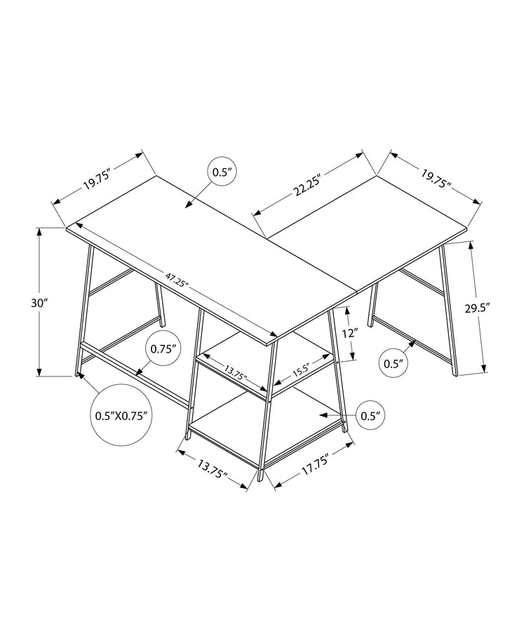 Monarch Specialties I 7592 Bureau, Bureau À Domicile, Coin, Étagères De Rangement, 48"l, Forme De L, Travail, Ordinateur Portable, Métal, Stratifié, Brun, Noir, Contemporain, Moderne - Simple Boutique