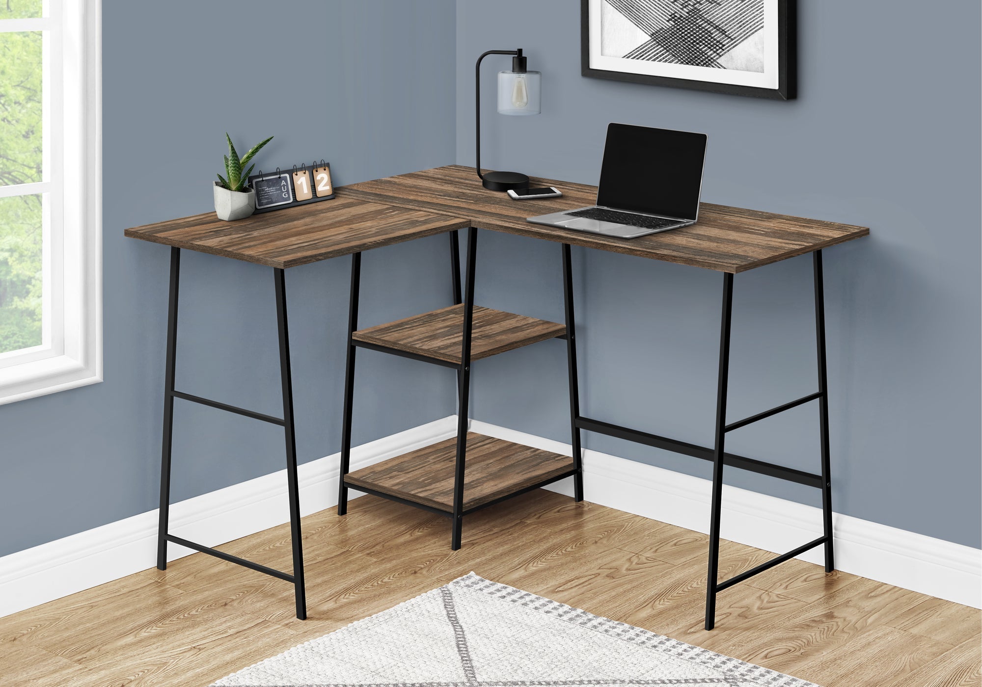 Monarch Specialties I 7593 Bureau, Bureau À Domicile, Coin, Étagères De Rangement, 48"l, Forme De L, Travail, Ordinateur Portable, Métal, Stratifié, Brun, Noir, Contemporain, Moderne - Simple Boutique