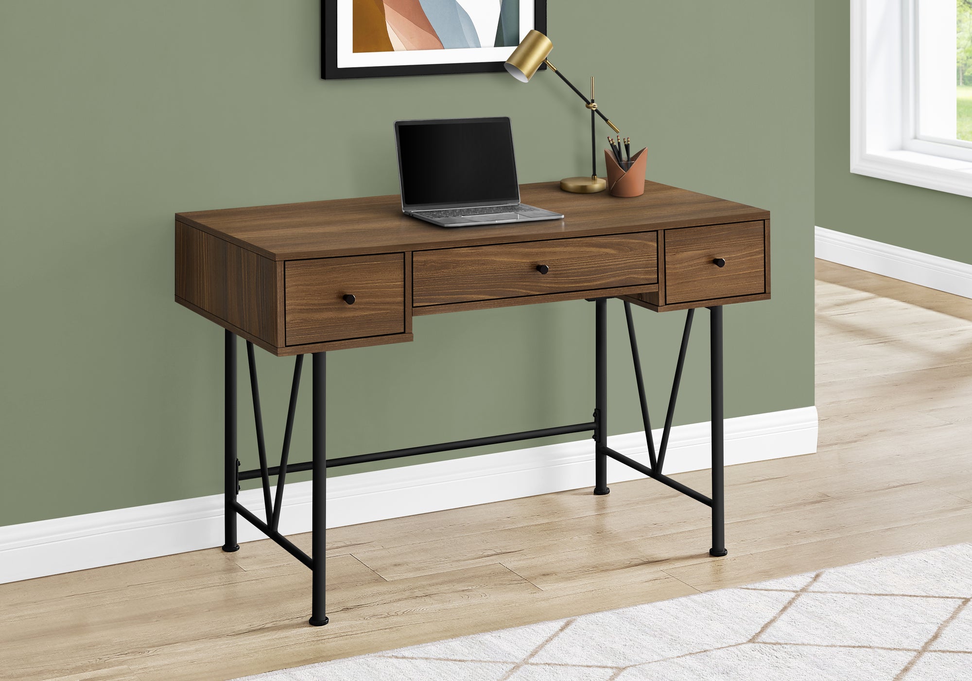 Monarch Specialties I 7670 Bureau, Bureau À Domicile, Ordinateur Portable, Tiroirs De Rangement, 48"l, Travail, Métal, Stratifié, Noyer, Noir, Transitionnel - Simple Boutique