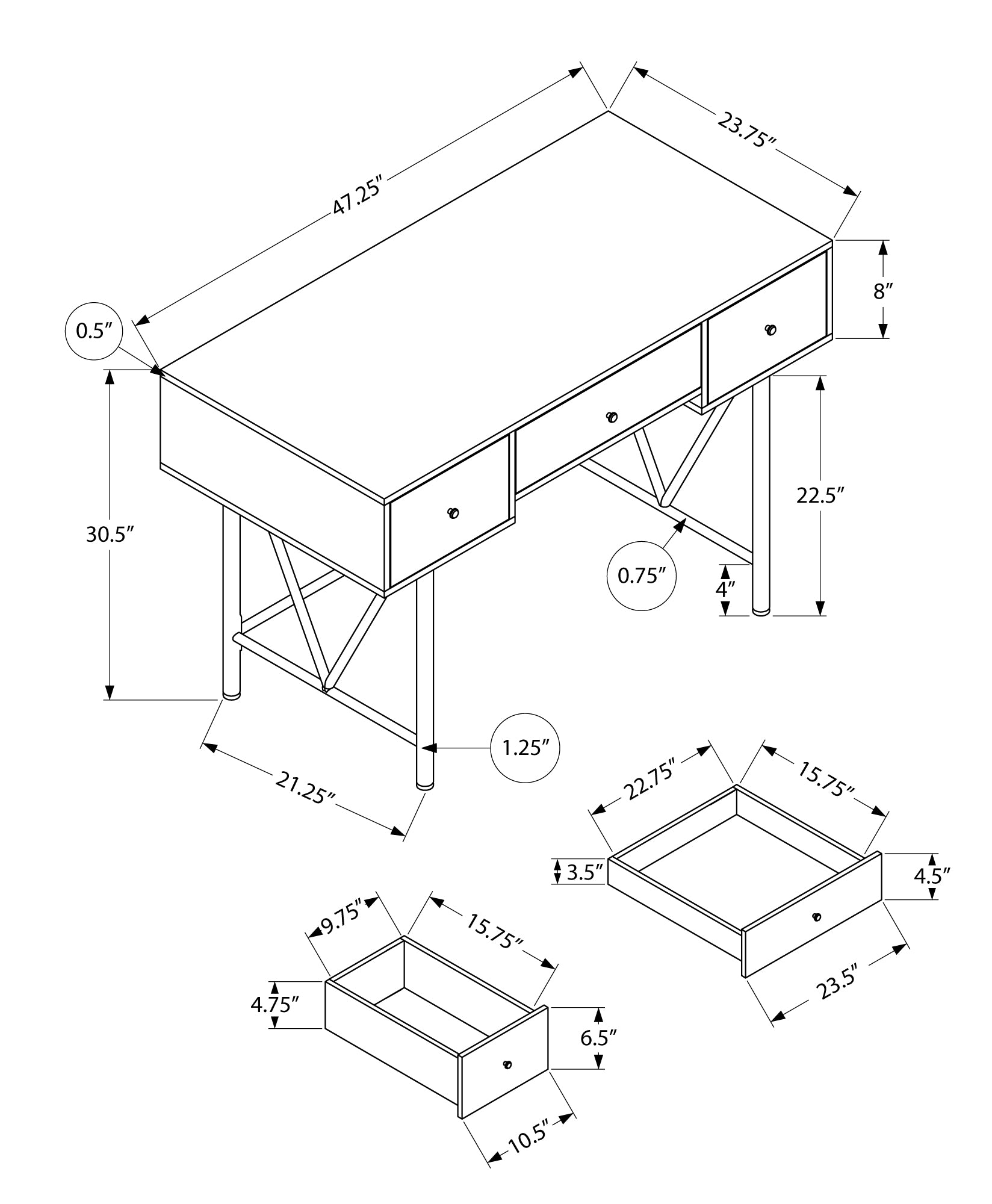 Monarch Specialties I 7672 Bureau, Bureau À Domicile, Ordinateur Portable, Tiroirs De Rangement, 48"l, Travail, Métal, Stratifié, Brun, Noir, Transitionnel - Simple Boutique