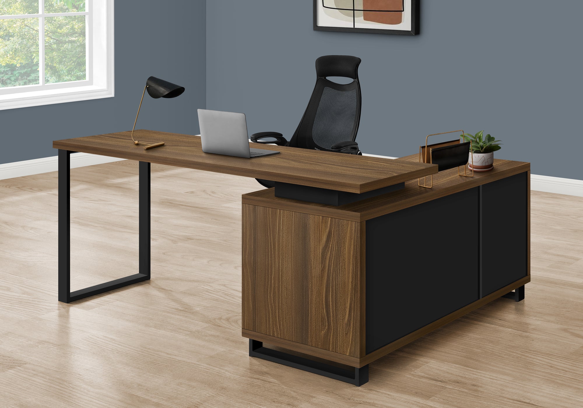Monarch Specialties I 7711 Bureau, Bureau À Domicile, Coin, Tiroirs De Rangement, 72"l, Forme De L, Travail, Ordinateur Portable, Métal, Stratifié, Noyer, Noir, Contemporain, Moderne - Simple Boutique