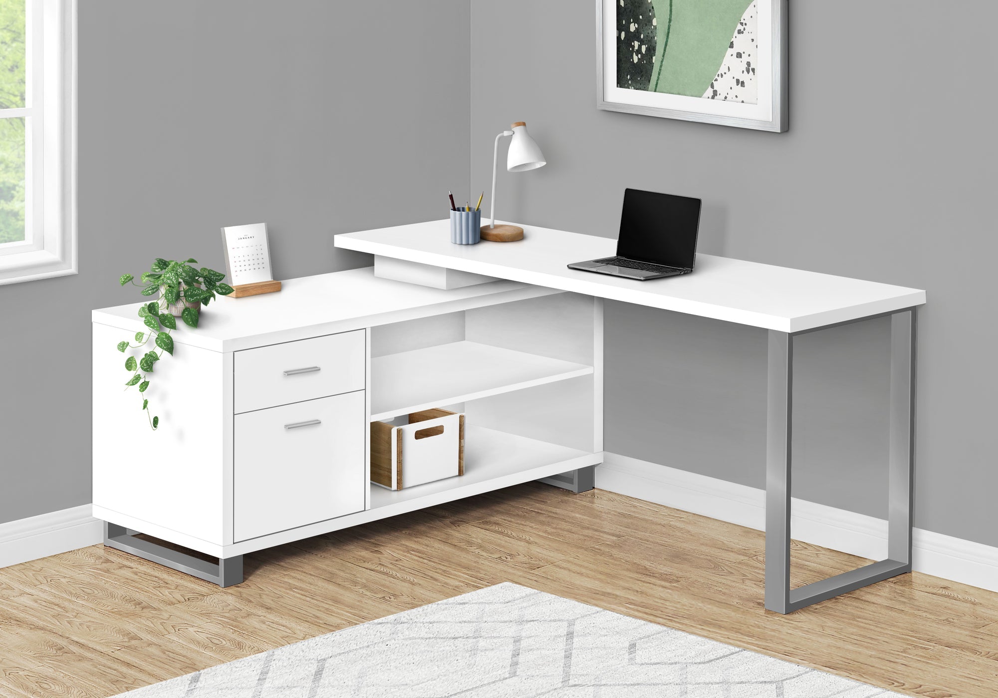 Monarch Specialties I 7716 Bureau, Bureau À Domicile, Coin, Tiroirs De Rangement, 72"l, Forme De L, Travail, Ordinateur Portable, Métal, Stratifié, Blanc, Gris, Contemporain, Moderne - Simple Boutique