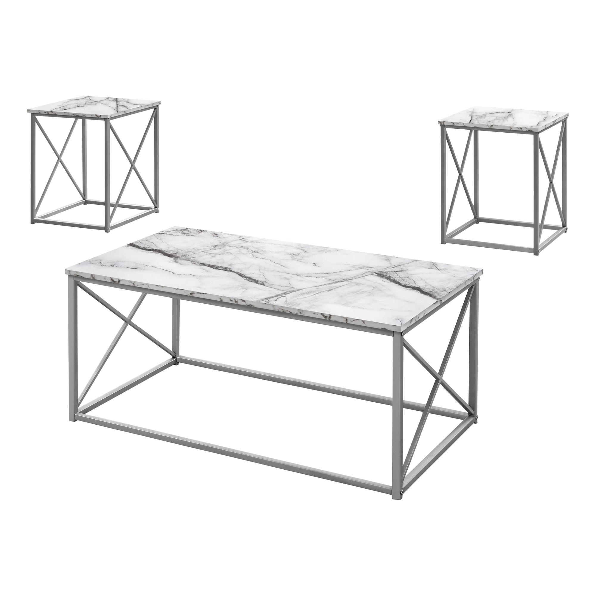 Monarch Specialties I 7953P Ensemble De Table, Ensemble 3pcs, Café, Bout, Côté, Accent, Salon, Métal, Stratifié, Aspect Marbre Blanc, Gris, Contemporain, Moderne - Simple Boutique