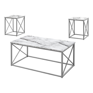 Monarch Specialties I 7953P Ensemble De Table, Ensemble 3pcs, Café, Bout, Côté, Accent, Salon, Métal, Stratifié, Aspect Marbre Blanc, Gris, Contemporain, Moderne - Simple Boutique