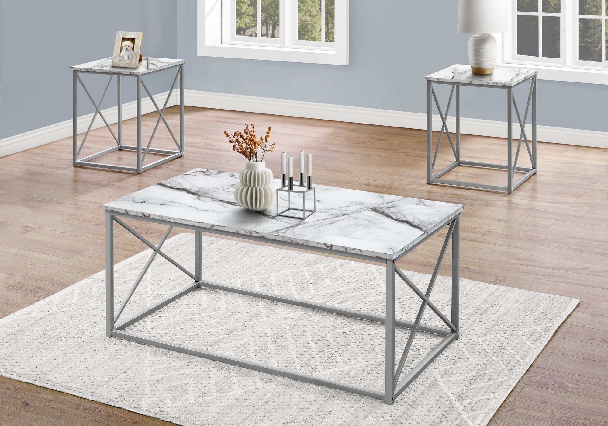 Monarch Specialties I 7953P Ensemble De Table, Ensemble 3pcs, Café, Bout, Côté, Accent, Salon, Métal, Stratifié, Aspect Marbre Blanc, Gris, Contemporain, Moderne - Simple Boutique
