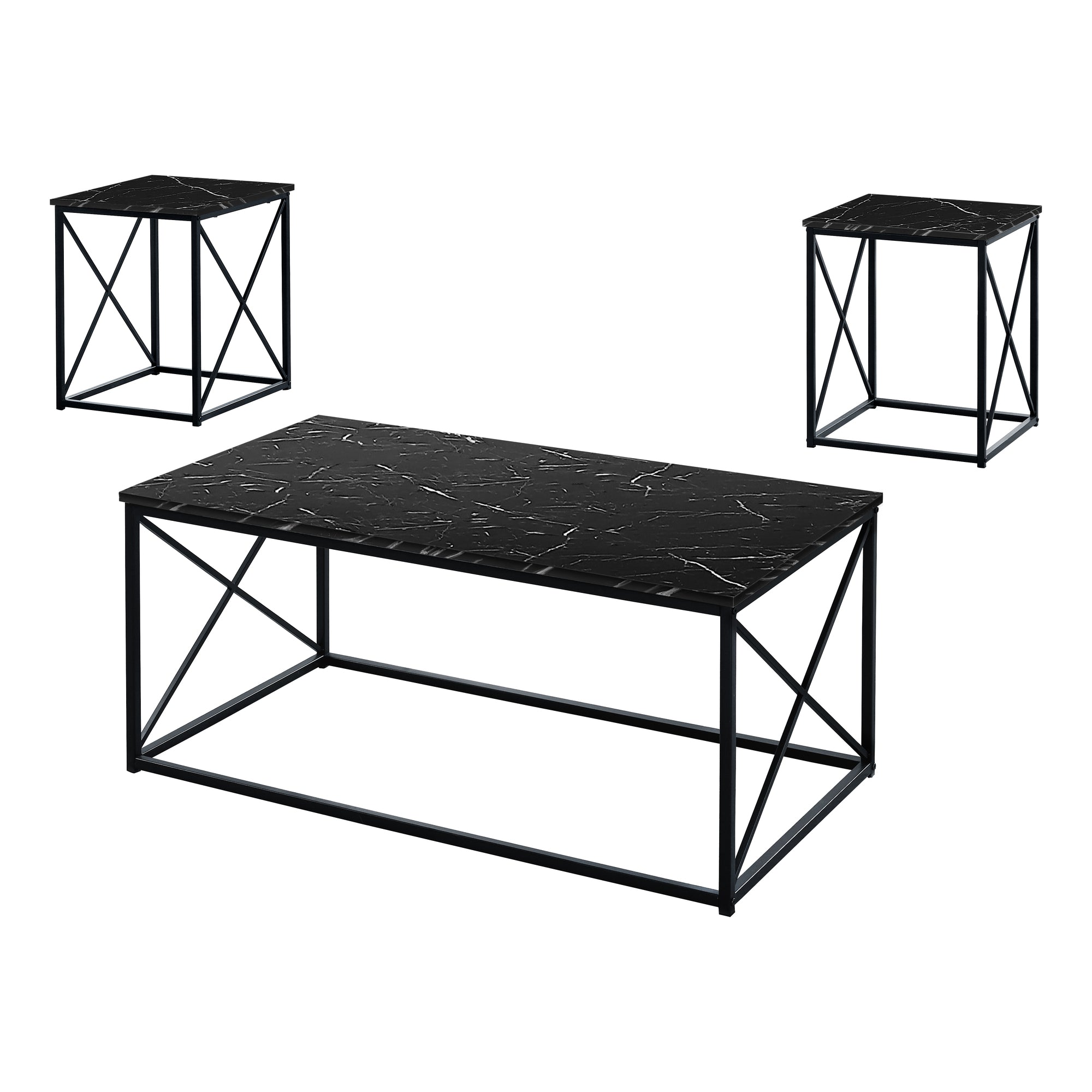 Monarch Specialties I 7954P Ensemble De Table, Ensemble 3pcs, Café, Bout, Côté, Accent, Salon, Métal, Stratifié, D'aspect Marbre Noir, Contemporain, Moderne - Simple Boutique