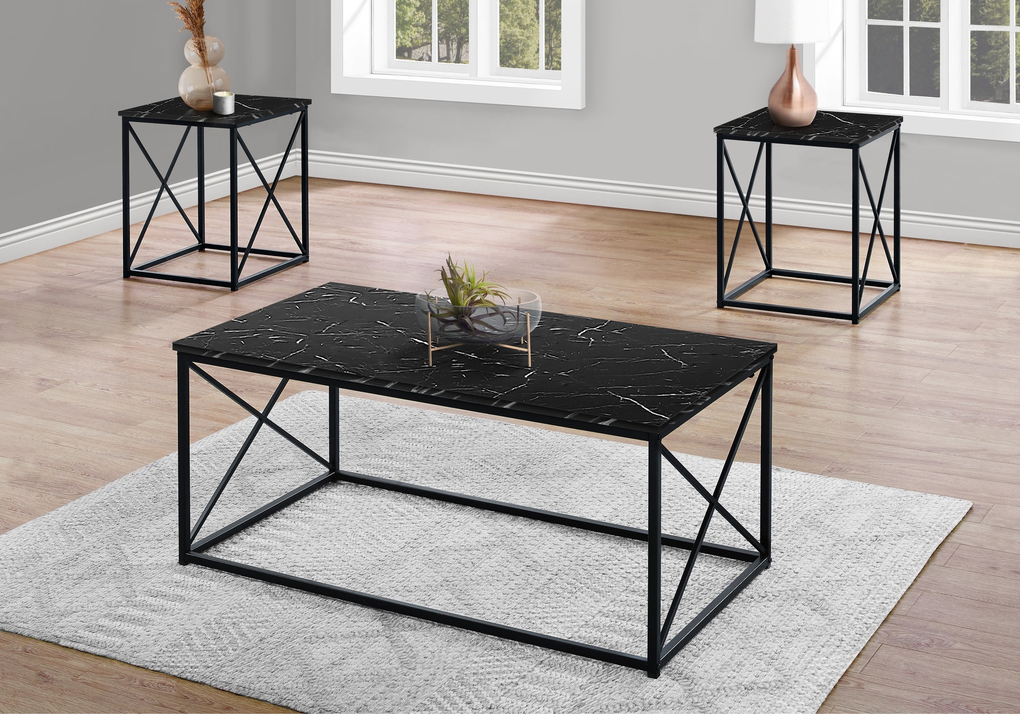 Monarch Specialties I 7954P Ensemble De Table, Ensemble 3pcs, Café, Bout, Côté, Accent, Salon, Métal, Stratifié, D'aspect Marbre Noir, Contemporain, Moderne - Simple Boutique