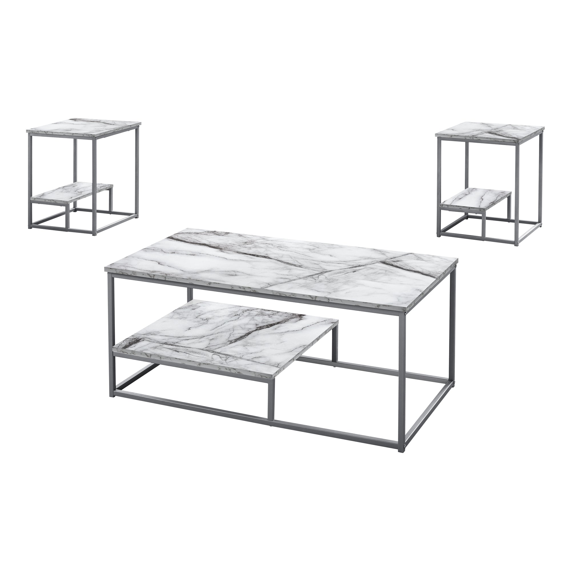 Monarch Specialties I 7963P Ensemble De Table, Ensemble 3pcs, Café, Bout, Côté, Accent, Salon, Métal, Stratifié, Aspect Marbre Blanc, Gris, Contemporain, Moderne - Simple Boutique