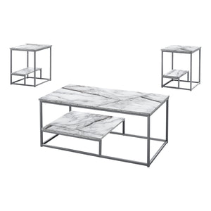 Monarch Specialties I 7963P Ensemble De Table, Ensemble 3pcs, Café, Bout, Côté, Accent, Salon, Métal, Stratifié, Aspect Marbre Blanc, Gris, Contemporain, Moderne - Simple Boutique