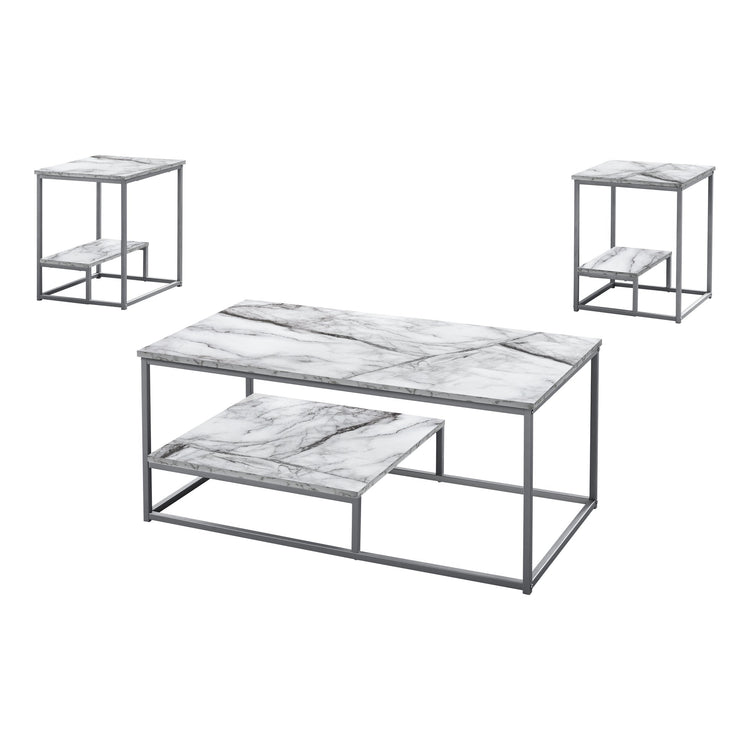 Monarch Specialties I 7963P Ensemble De Table, Ensemble 3pcs, Café, Bout, Côté, Accent, Salon, Métal, Stratifié, Aspect Marbre Blanc, Gris, Contemporain, Moderne - Simple Boutique
