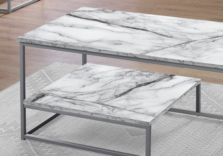 Monarch Specialties I 7963P Ensemble De Table, Ensemble 3pcs, Café, Bout, Côté, Accent, Salon, Métal, Stratifié, Aspect Marbre Blanc, Gris, Contemporain, Moderne - Simple Boutique