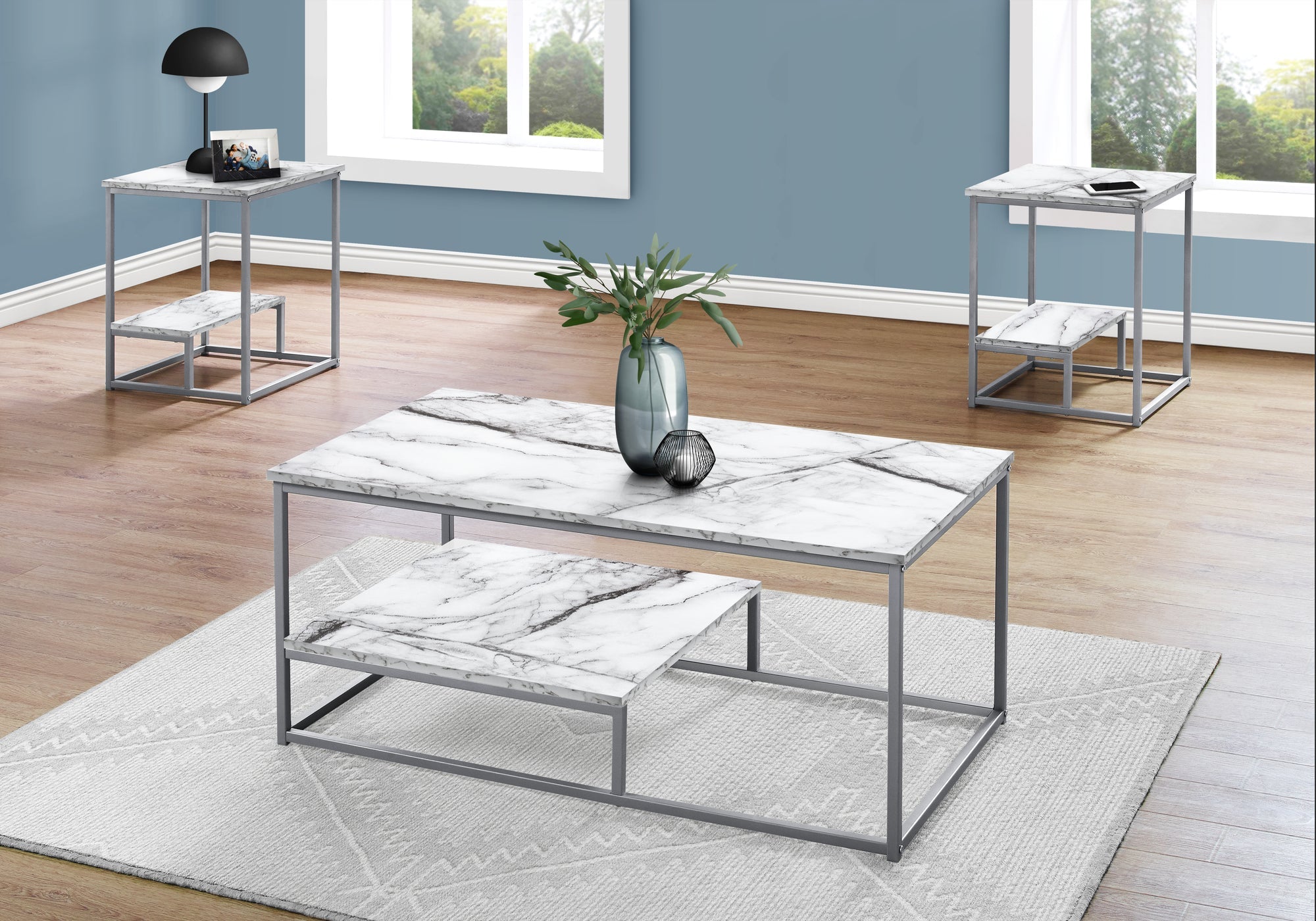 Monarch Specialties I 7963P Ensemble De Table, Ensemble 3pcs, Café, Bout, Côté, Accent, Salon, Métal, Stratifié, Aspect Marbre Blanc, Gris, Contemporain, Moderne - Simple Boutique