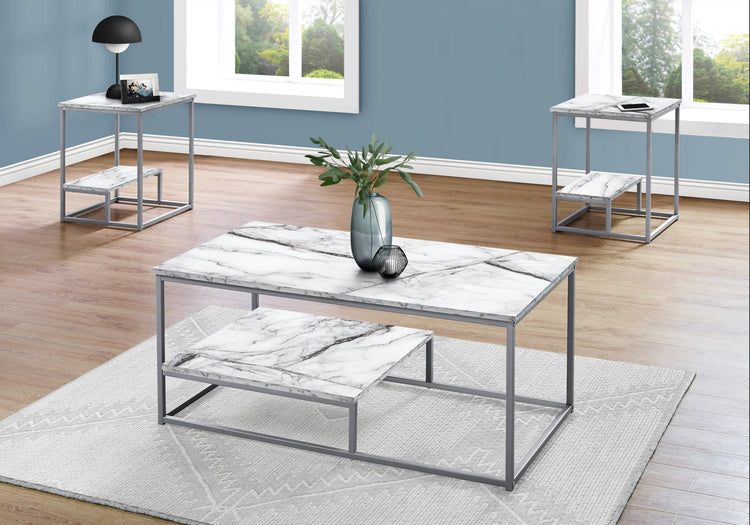 Monarch Specialties I 7963P Ensemble De Table, Ensemble 3pcs, Café, Bout, Côté, Accent, Salon, Métal, Stratifié, Aspect Marbre Blanc, Gris, Contemporain, Moderne - Simple Boutique