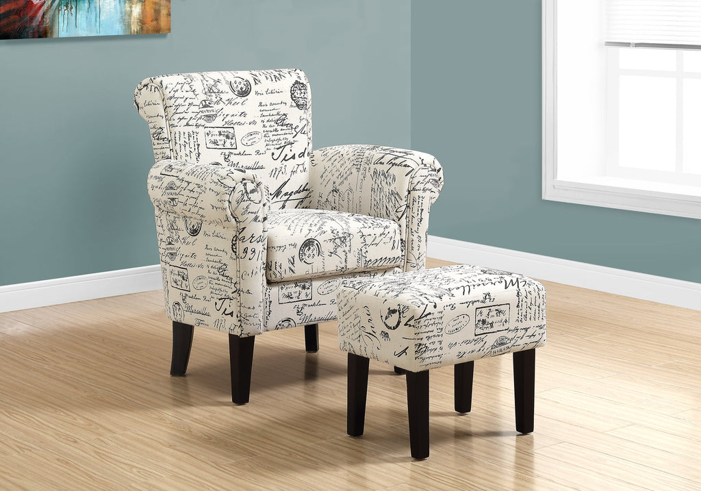 Monarch Specialties I 8175 Chaise D'appoint, Fauteuil Avec Pouf, Ensemble De 2 Pièces, En Tissu, Salon, Chambre À Coucher, En Tissu, Pattes En Bois, Beige, Noir, Transitionnel