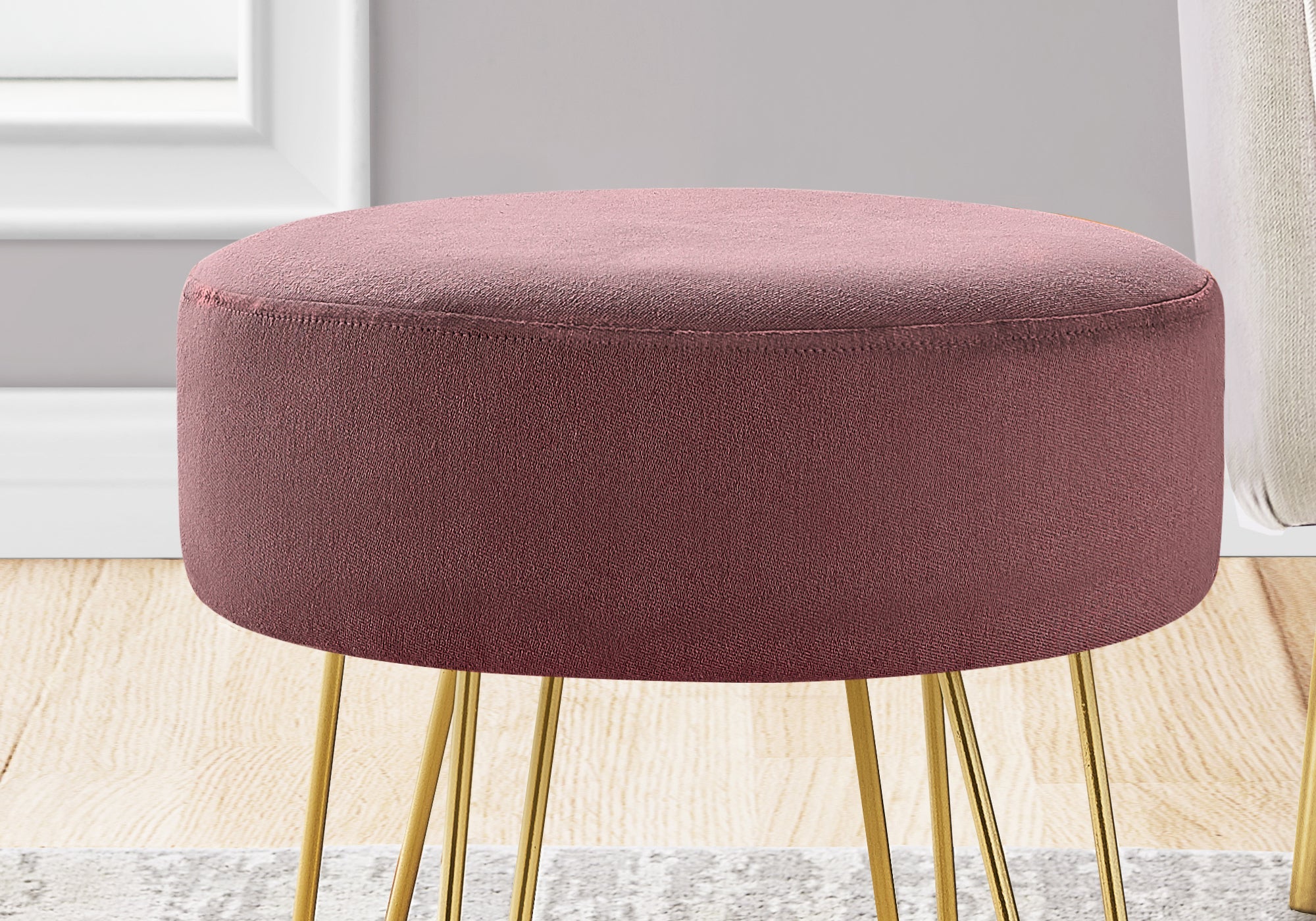 Monarch Specialties I 9001 Ottoman, Pouf, Repose Pieds, Tabouret, 14" Rond, En Tissu, Pieds En Métal, Rose, Or, Contemporain, Moderne - Simple Boutique