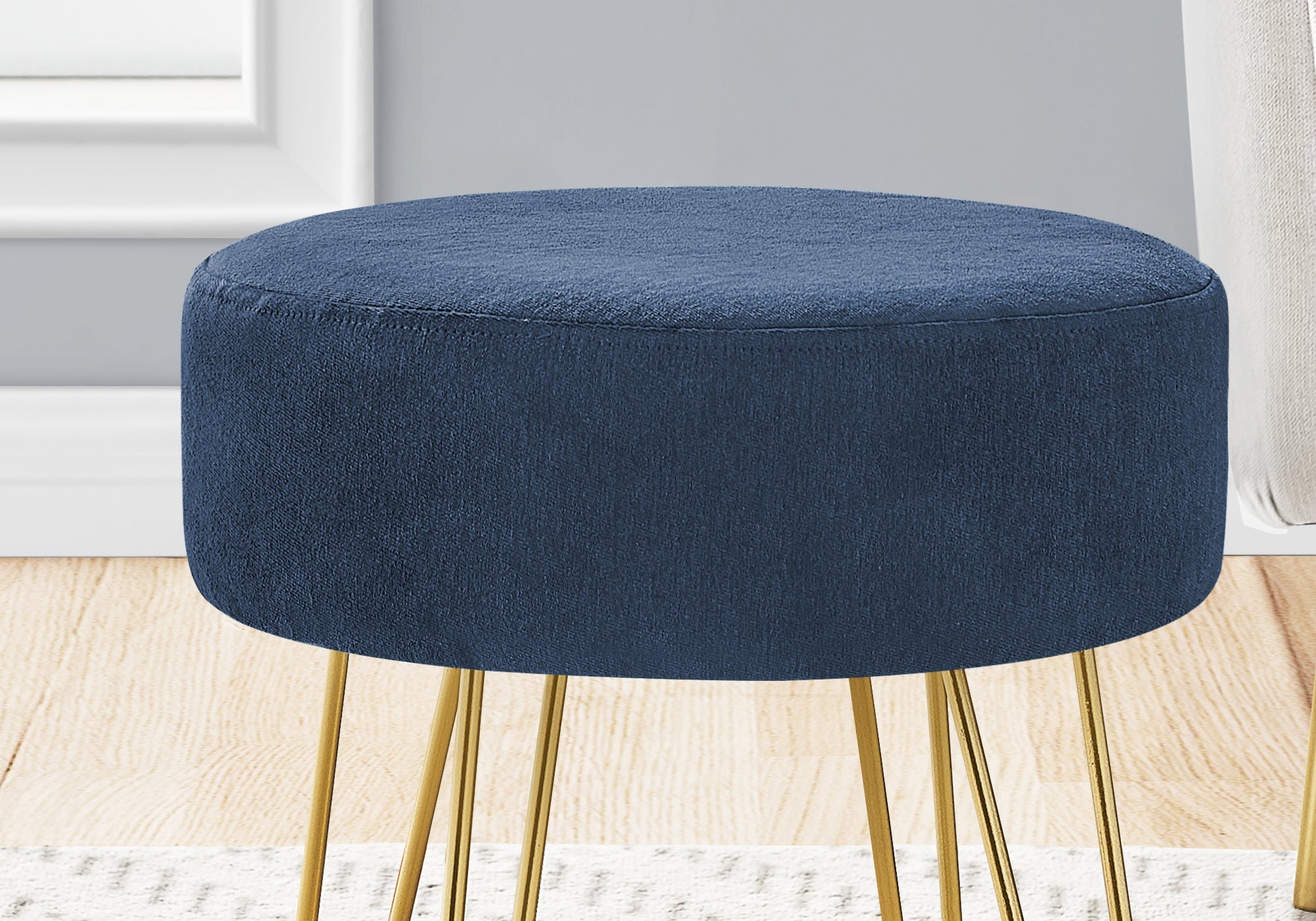 Monarch Specialties I 9002 Ottoman, Pouf, Repose Pieds, Tabouret, 14" Rond, En Tissu, Pieds En Métal, Bleu, Or, Contemporain, Moderne - Simple Boutique