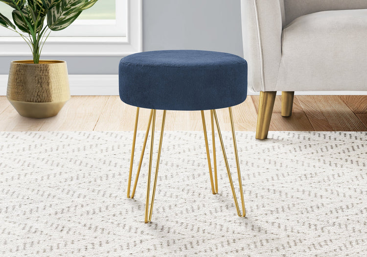 Monarch Specialties I 9002 Ottoman, Pouf, Repose Pieds, Tabouret, 14" Rond, En Tissu, Pieds En Métal, Bleu, Or, Contemporain, Moderne - Simple Boutique