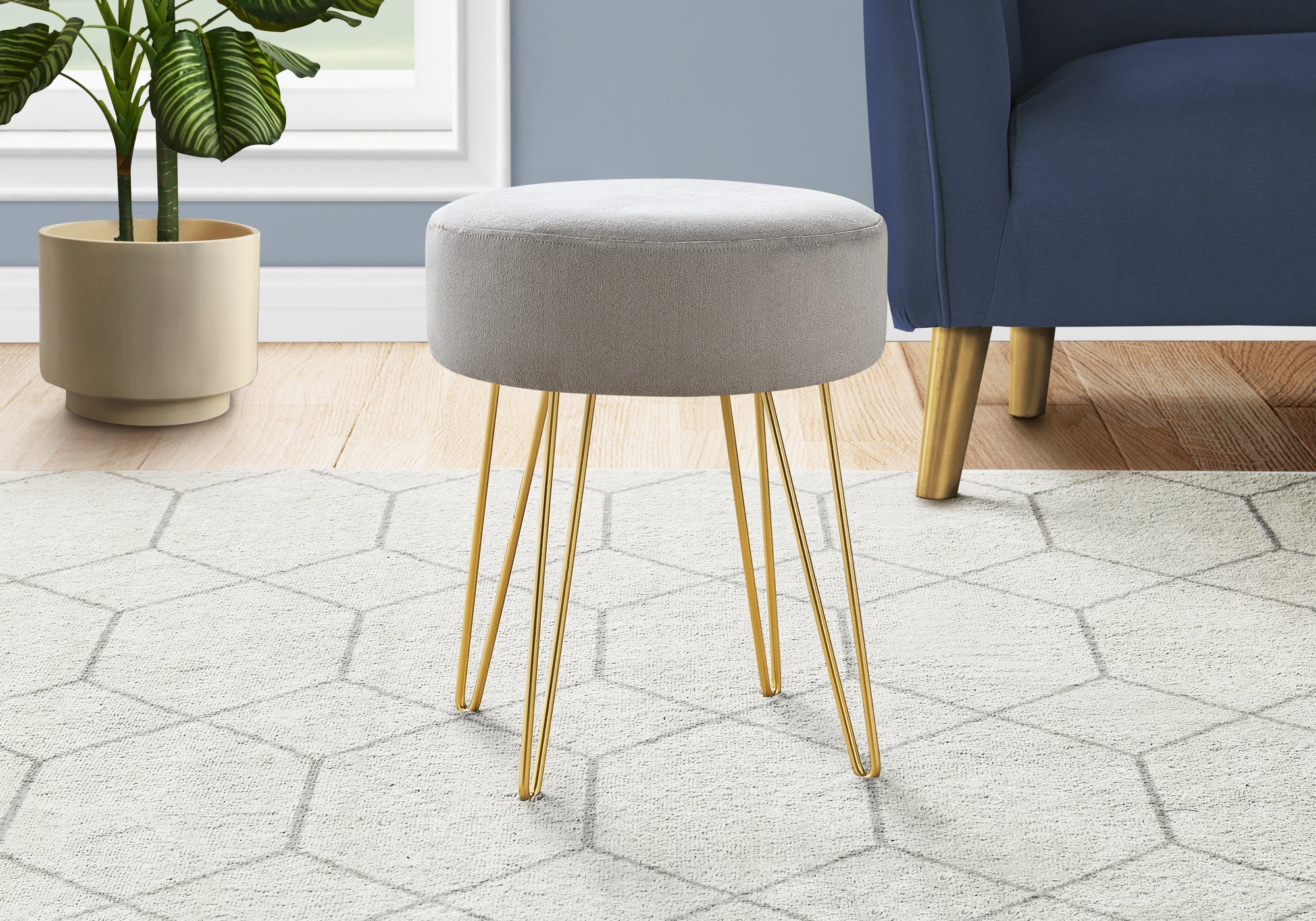Monarch Specialties I 9003 Ottoman, Pouf, Repose Pieds, Tabouret, 14" Rond, En Tissu, Pieds En Métal, Gris, Or, Contemporain, Moderne - Simple Boutique