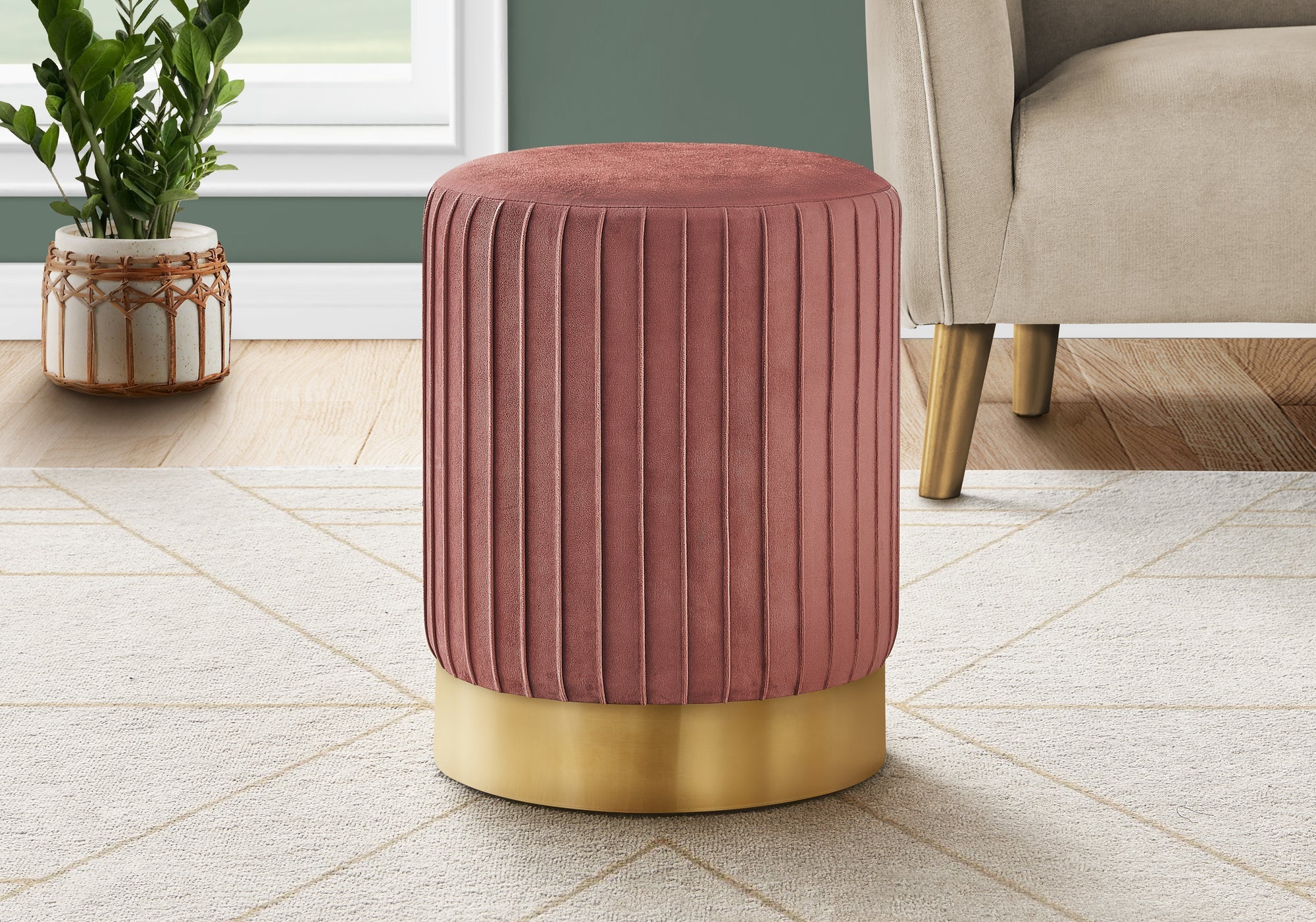 Monarch Specialties I 9017 Ottoman, Pouf, Repose Pieds, Tabouret, 14" Rond, Velours, Base De Métal, Rose, Or, Contemporain, Moderne - Simple Boutique