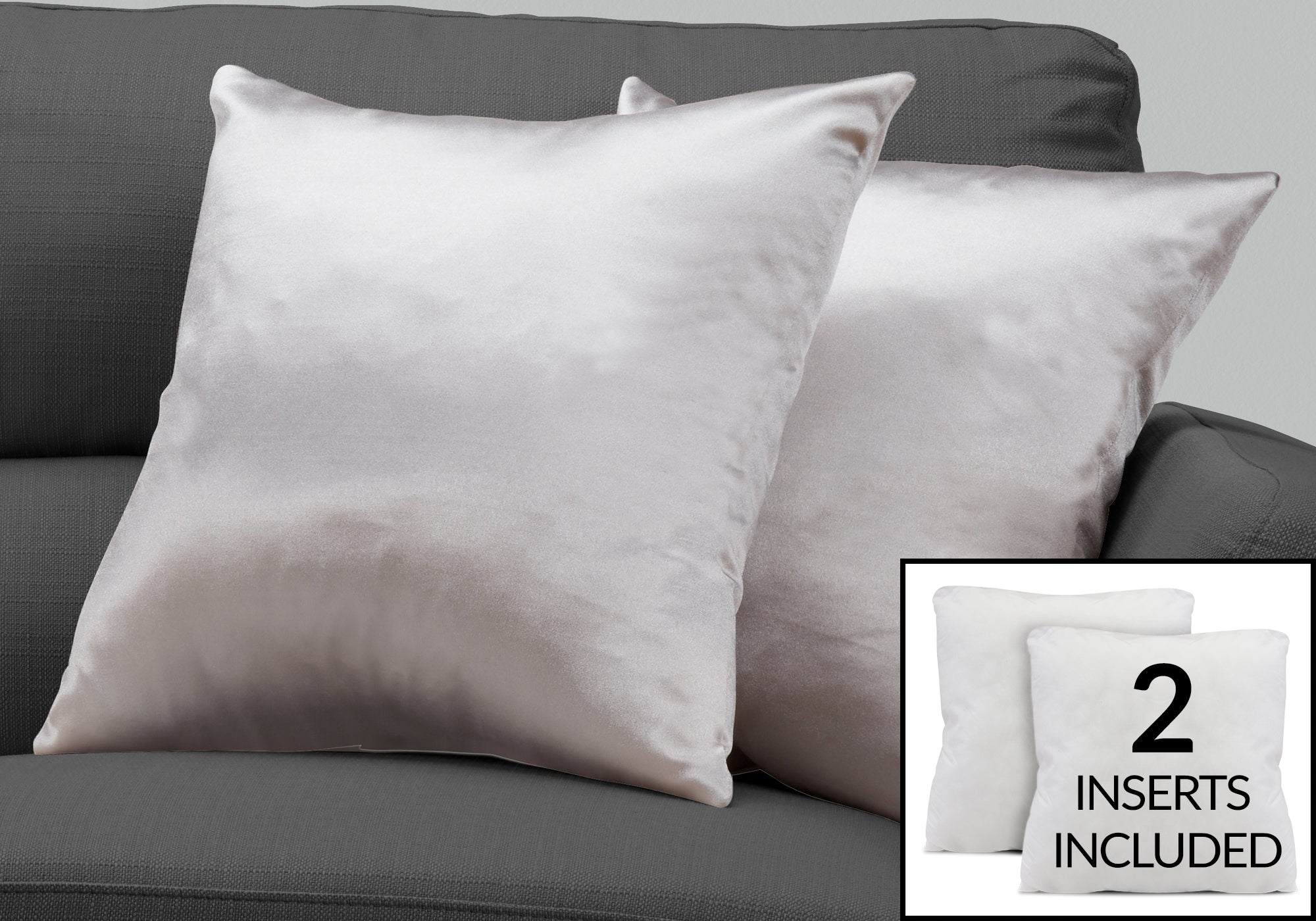 Monarch Specialties I 9337 Oreillers, Lot De 2, 18 X 18 Carré, Encart Inclus, Jeté Décoratif, Accent, Sofa, Canapé, Chambre À Coucher, Polyester, Hypoallergénique, Gris, Moderne - Simple Boutique