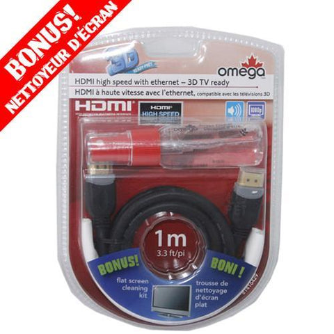 Omega Câble HDMI v1.4 compatible 3D et Ethernet 1080p 1 Mètre / 3.3' + Nettoyeur en Prime!