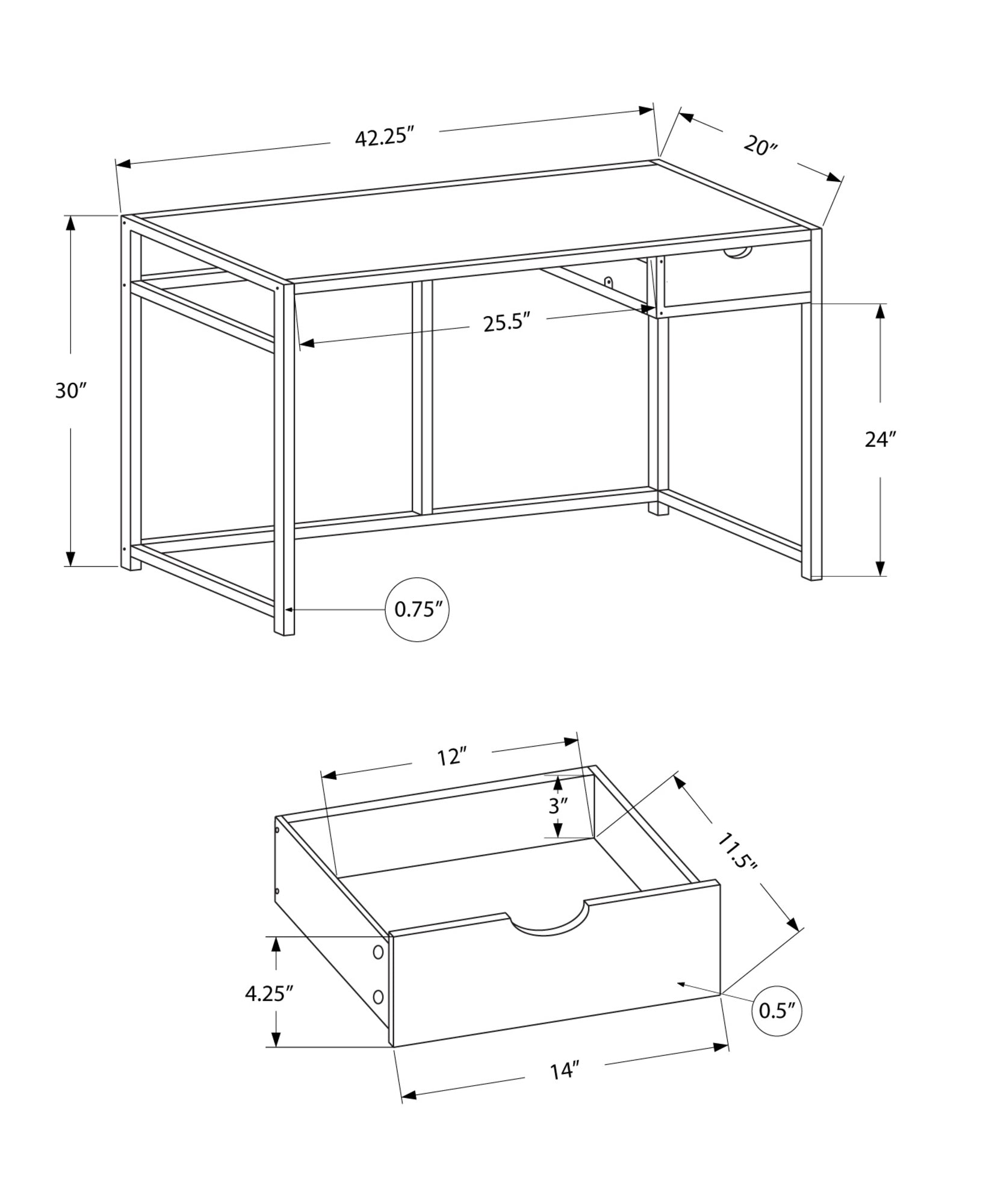 Petit bureau de travail compact 42" pour ordinateur portable - Fini Noir - Simple Boutique