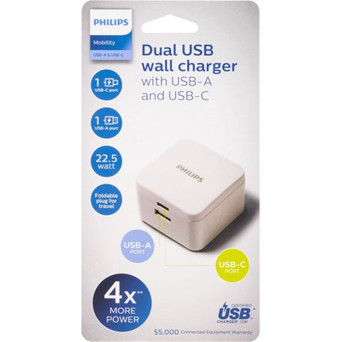 Philips - Chargeur USB Mural avec 1 Prise USB-A et 1 Prise USB-C, Blanc