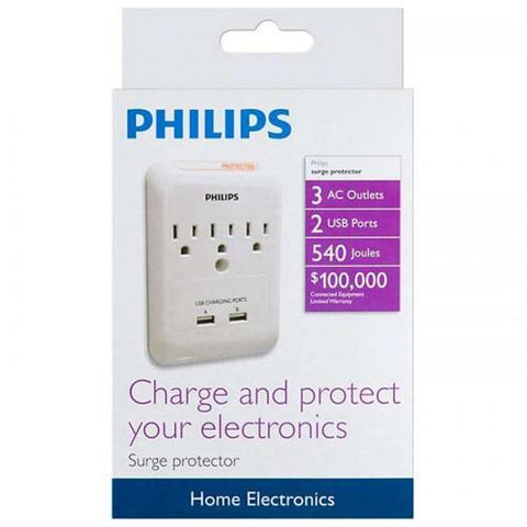 Philips Protecteur Surtension Électrique 3 Prises Avec 2 Ports USB