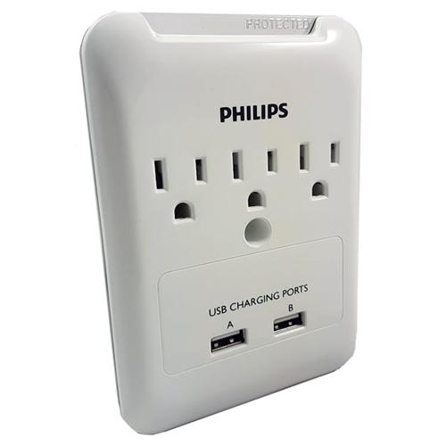 Philips Protecteur Surtension Électrique 3 Prises Avec 2 Ports USB - Simple Boutique