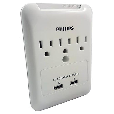 Philips Protecteur Surtension Électrique 3 Prises Avec 2 Ports USB