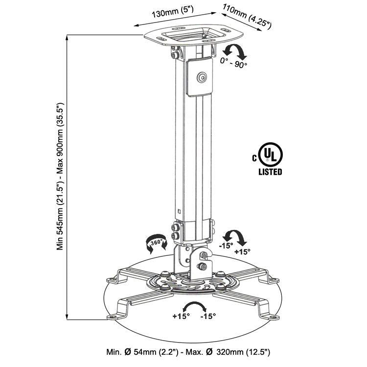 Prime Mounts Support Projecteur Extensible 21.5 à 35.5" Plafond Noir - Simple Boutique