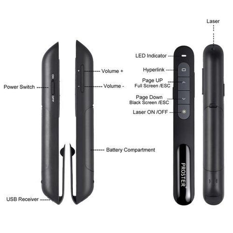 Proster Présentateur Sans Fil Professionnel Avec Pointeur Laser USB 2.4 Ghz