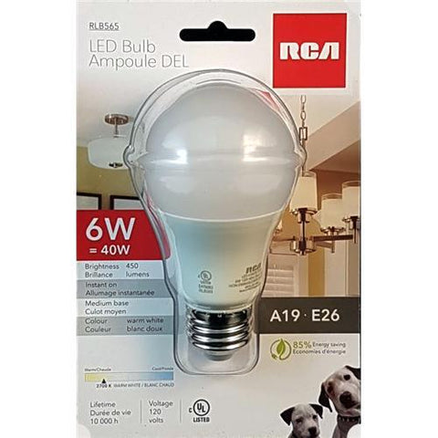 RCA Ampoule DEL A19 E26 6W Blanc Chaud 450 Lumen
