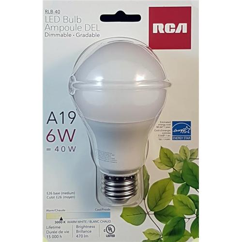 RCA Ampoule DEL A19 E26 6W Blanc Chaud 470 Lumen