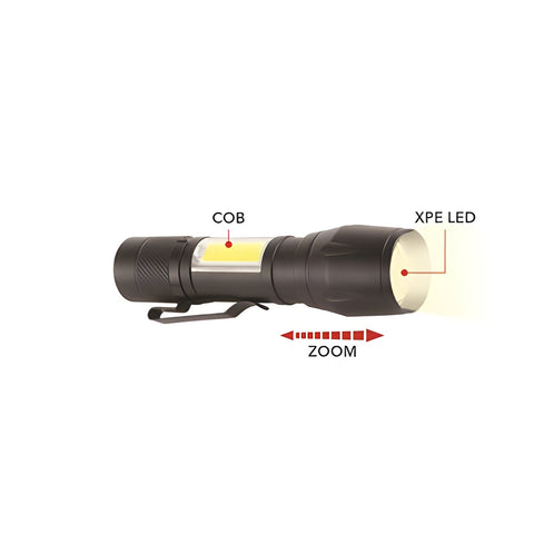 RCA - Lampe Torche COB en Métal, Rechargeable avec Mini Lanterne et Zoom, Noir