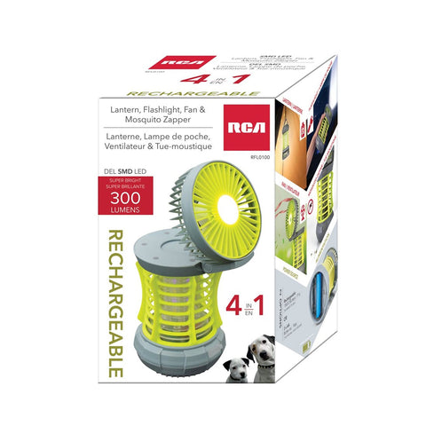 RCA RFL0100 - 4 en 1 Lanterne Rechargeable, Lampe de Poche LED, Ventilateur repliable et Anti-Moustiques