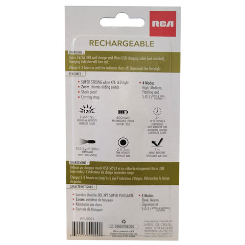 RCA RFL5001 - Lampe de Poche LED, Rechargeable, Puissante de 120 Lumens avec Zoom