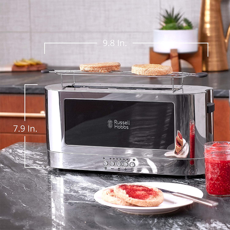 Russell Hobbs - Grille-Pain Moderne à 2 Tranches ou Tranche Longue avec Grille Chauffante Amovible Accents de verre et Acier Inoxydable - Simple Boutique