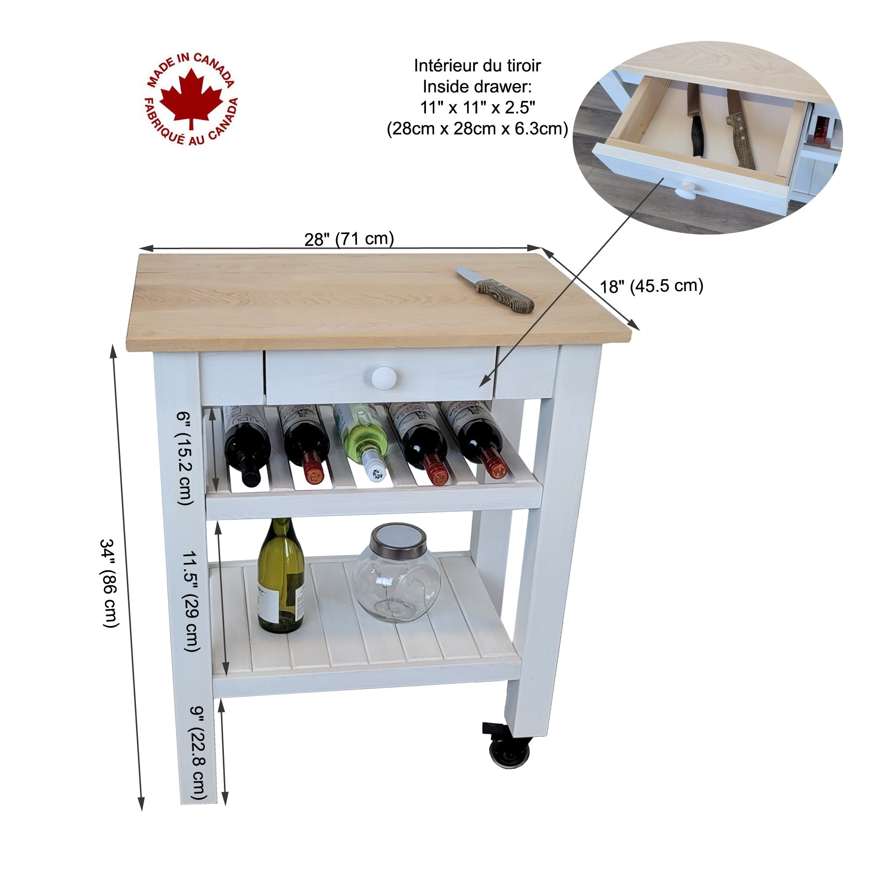 SB Îlot de Cuisine mobile sur Roues 28" x 18" x 34" avec Tiroir Blanc - Fabriqué au Canada - Simple Boutique