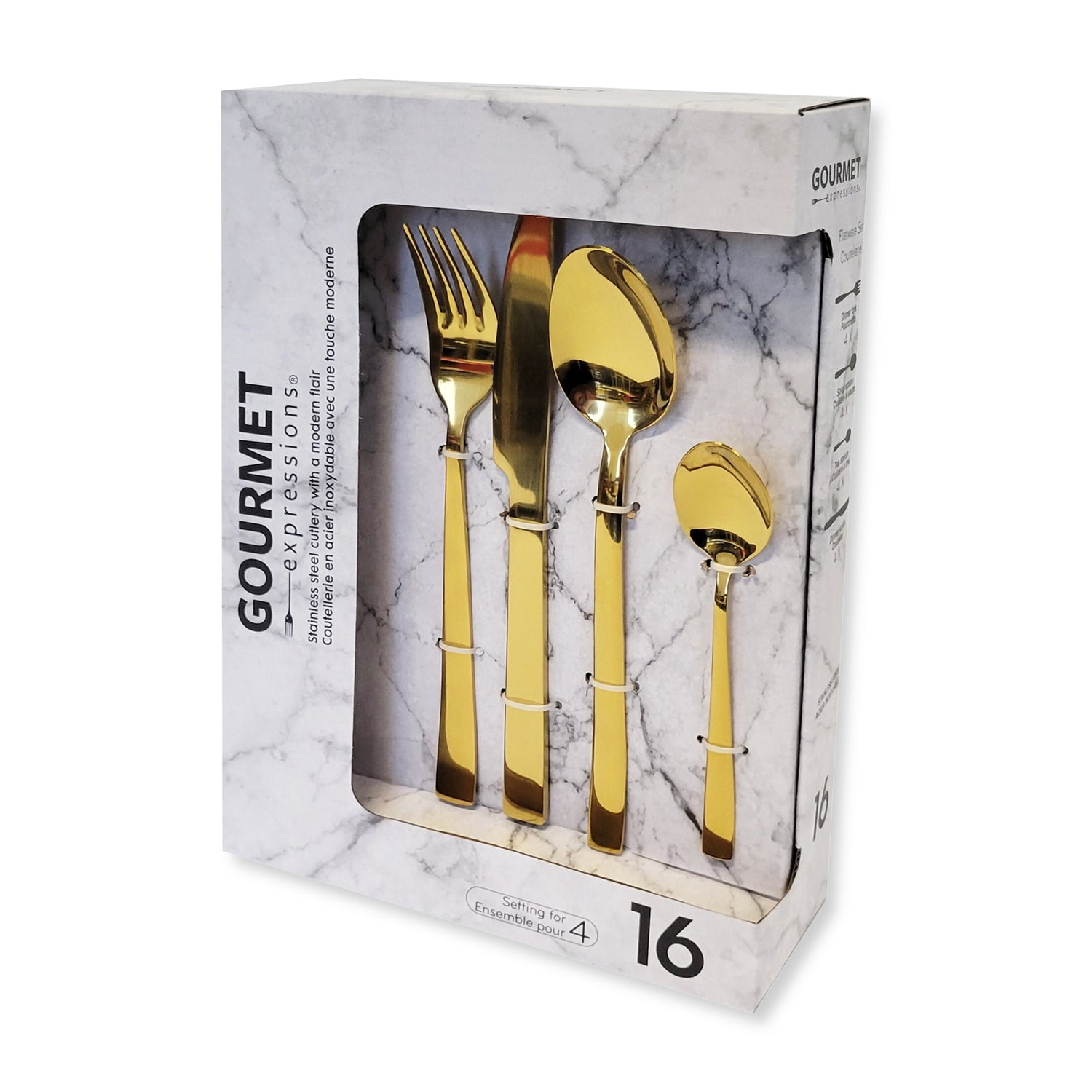 Safdie & Co - Ensemble de Couverts/Coutellerie en Acier Inoxydable, 16 Morceaux, Vont au Lave-Vaiselle, Doré - Simple Boutique
